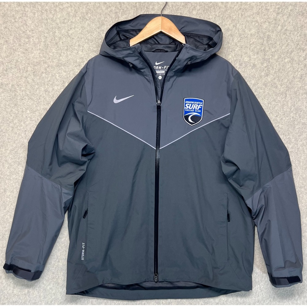 Nike Storm Fit Mens Hooded Rain Jacket Gray Greater‎ Seattle Surf Soccer Club L
